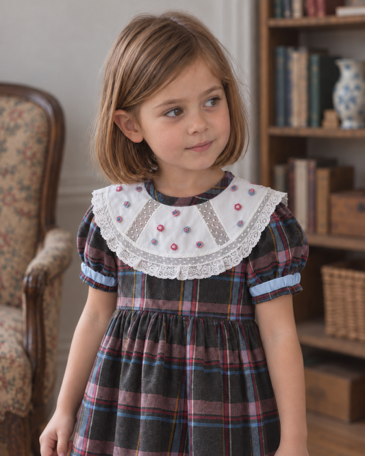 Vestido de xadrez com gola bordada