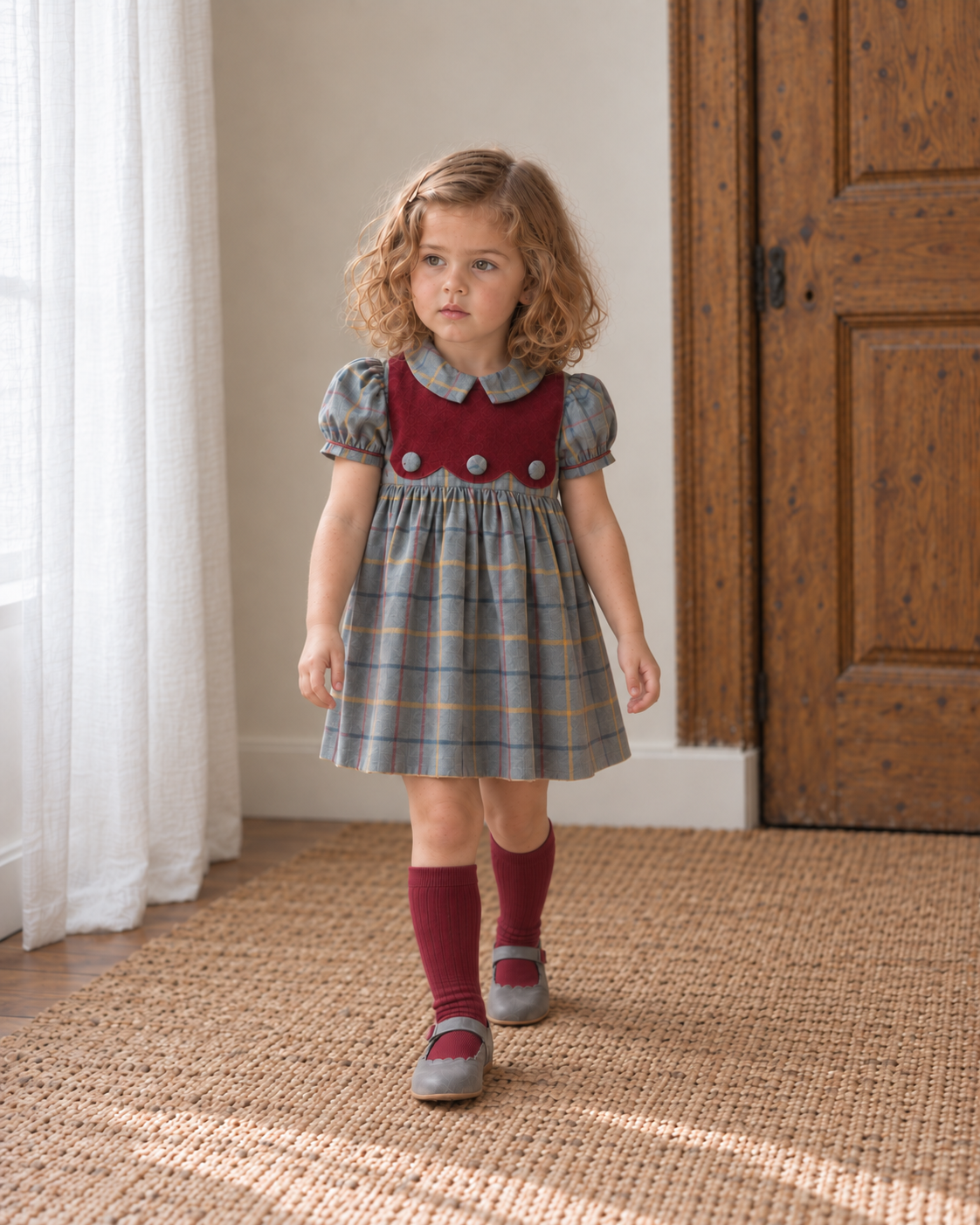 Vestido xadrez com corpo bordeaux